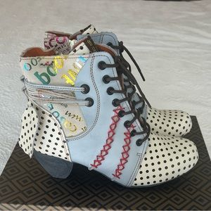Polka dot leather ankle boots. 2” heel. Size 7.5. Never worn.